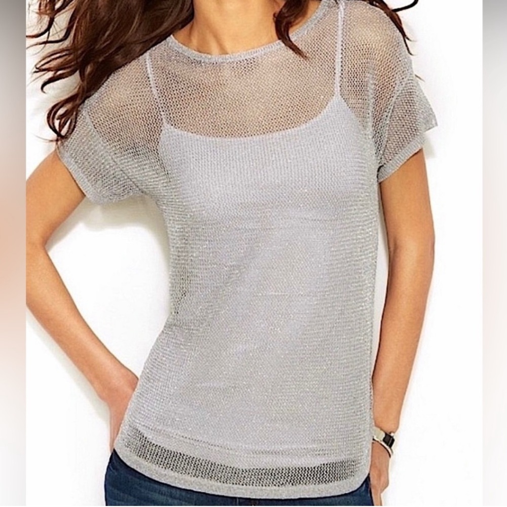 Michael Kors Silver Metallic Sheer Mesh Top